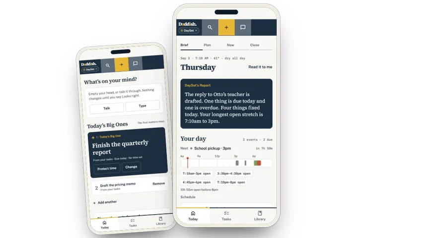 DaySet’s morning Brief in the Daddish app: the day as one ribbon, DaySet’s Report and tonight’s dinner.